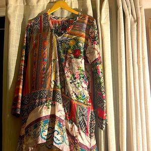 Johnny Was tunic and matching pants. Multi colored, sheer fabric.